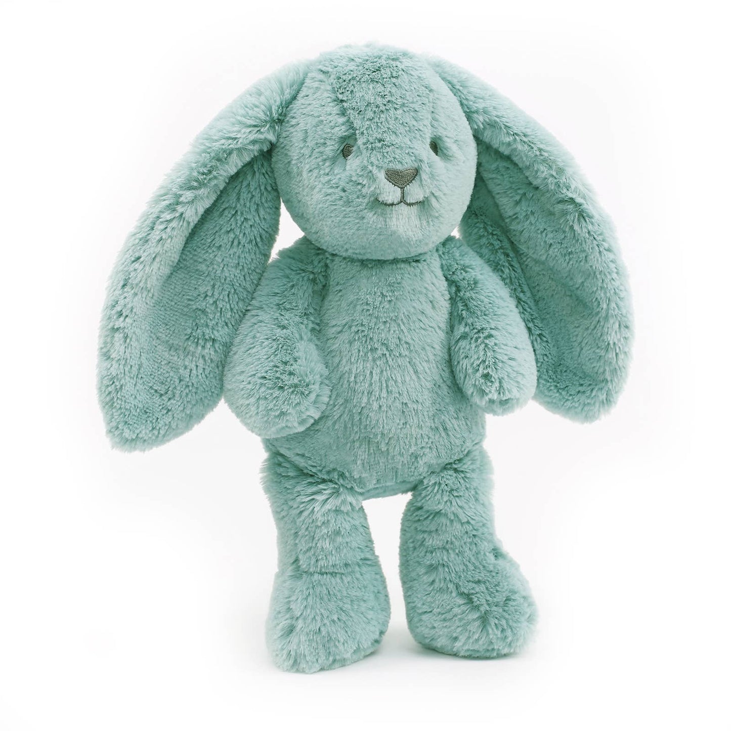 Plush toy rabbit in teal color on a white background