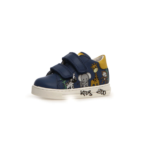 Boys Blue Leather Sneakers w/Animal Print Side Front