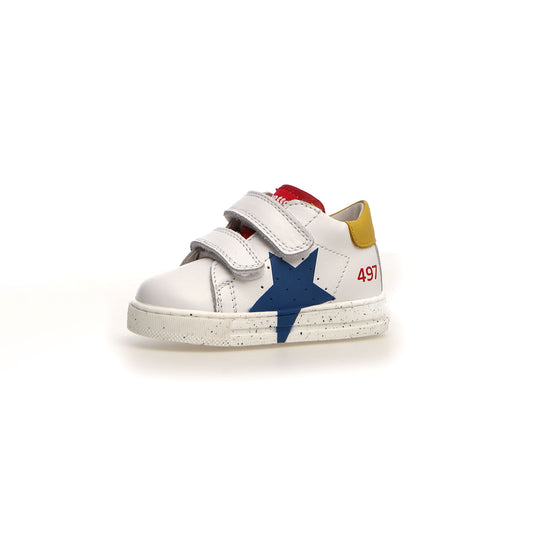 Boys White & Blue Leather Star Sneakers Front Side