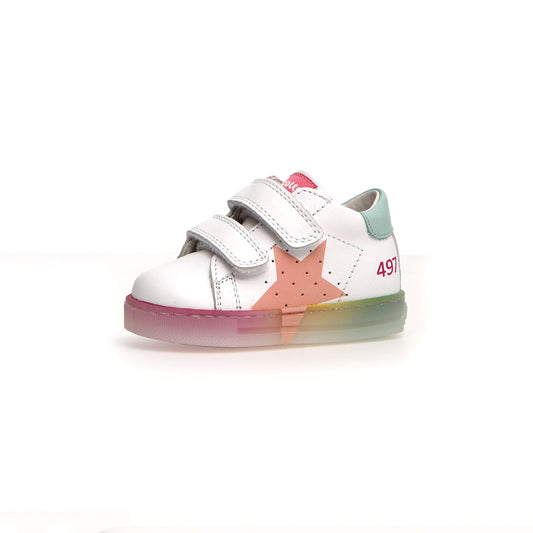 Girls White & Pink Leather Sneakers Front Side