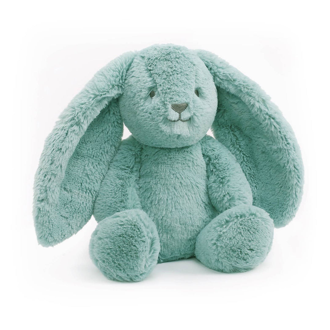 Plush toy rabbit in teal color on a white background