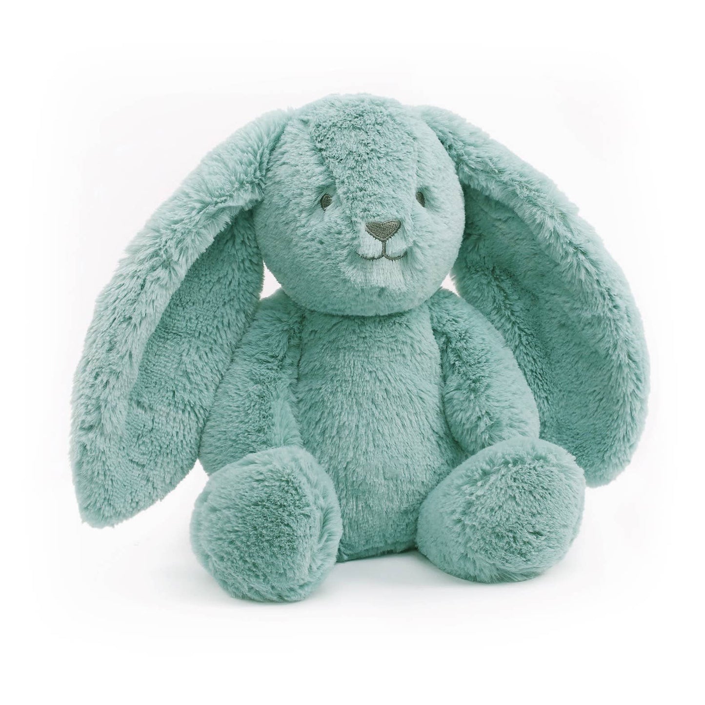 Plush toy rabbit in teal color on a white background