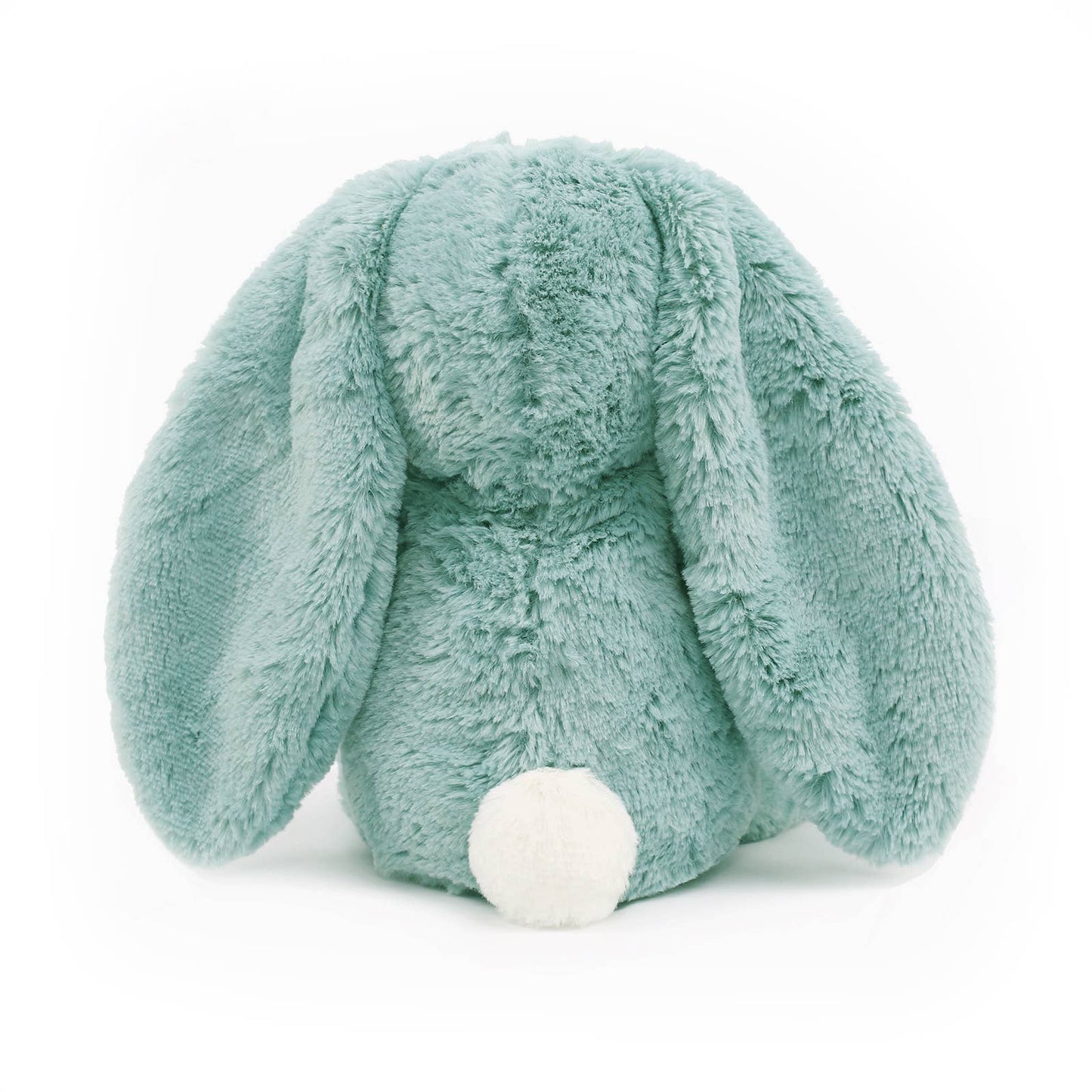 Plush toy rabbit in teal color on a white background back view