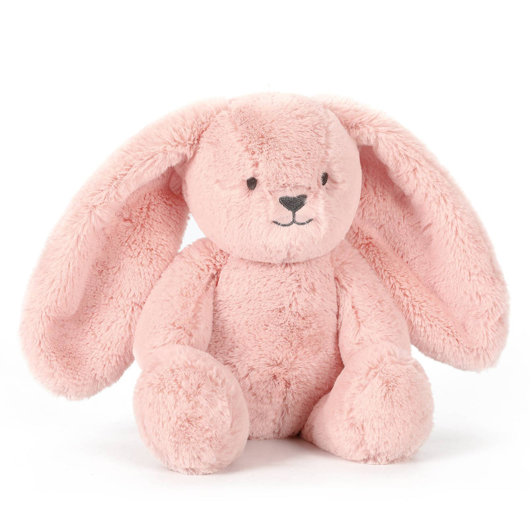 Pink plush bunny toy on a white background