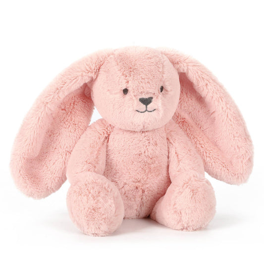 Pink plush bunny toy on a white background