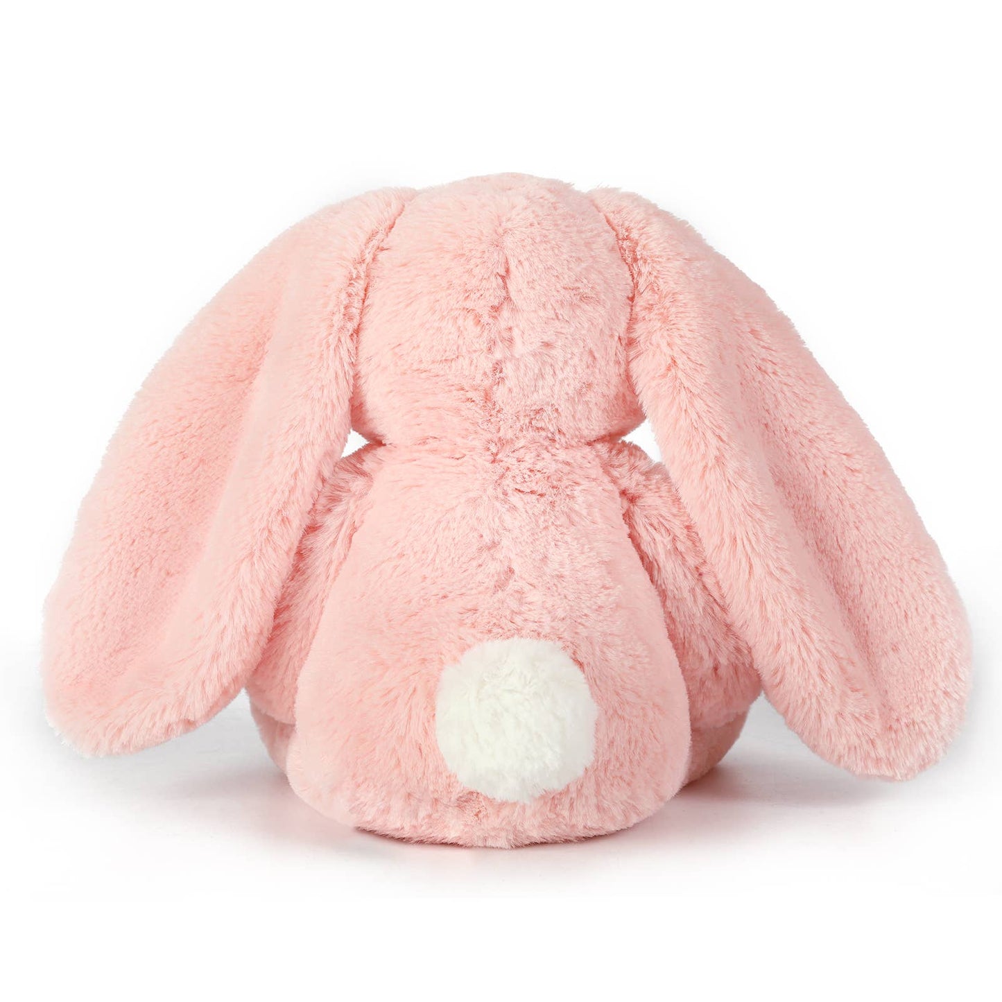Pink plush bunny toy on a white background back view