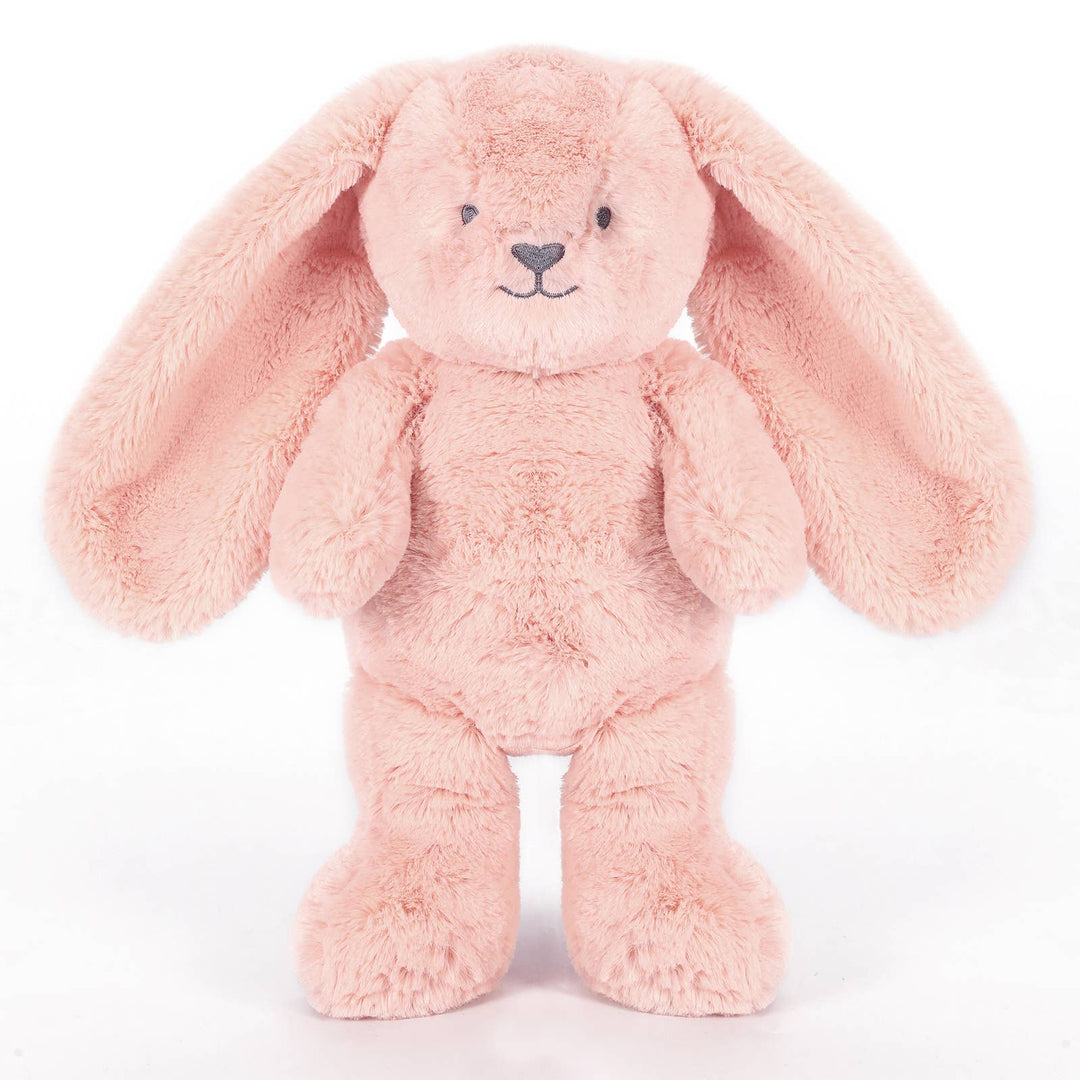 Pink plush bunny toy on a white background