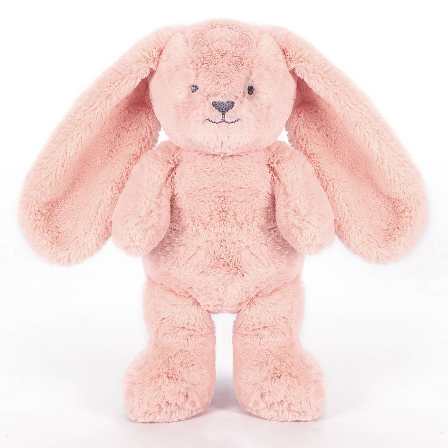 Pink plush bunny toy on a white background