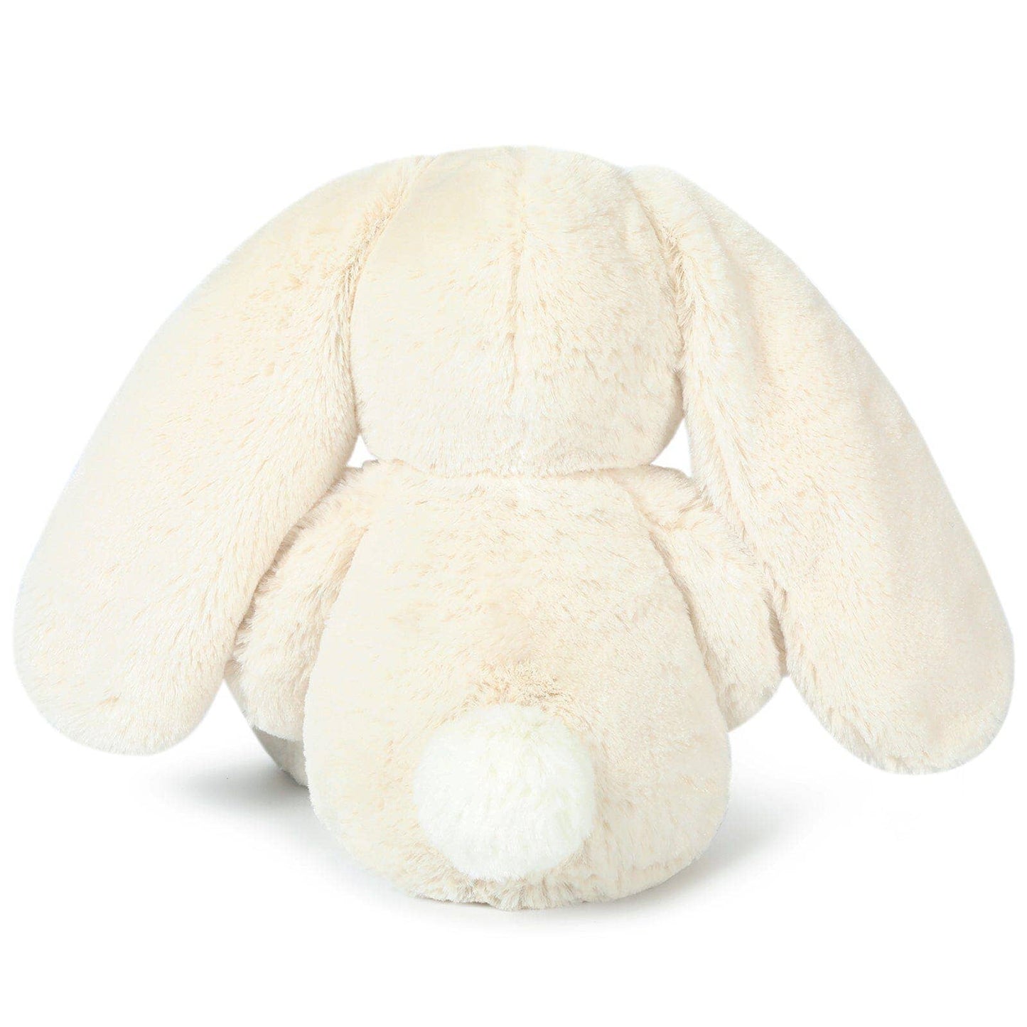 White plush bunny toy on a white background back view