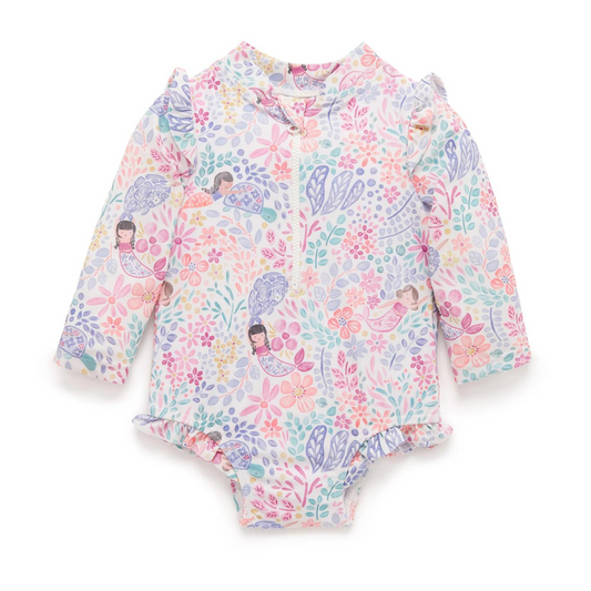 PURE BABY - Printed Frilly L/Sleeve Swimsuit