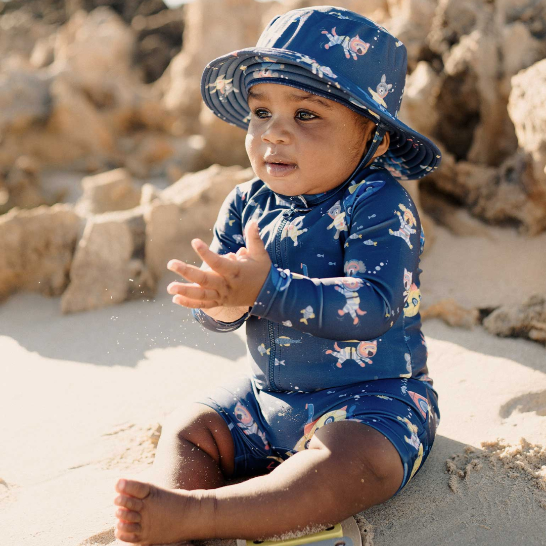 Pure Baby - Baby at the beach with Submarine print Long sleeve sunsuit and matching sun hat