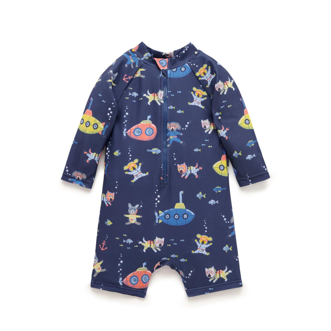 Pure Baby - Printed L/Sleeve Sunsuit in Submarine print